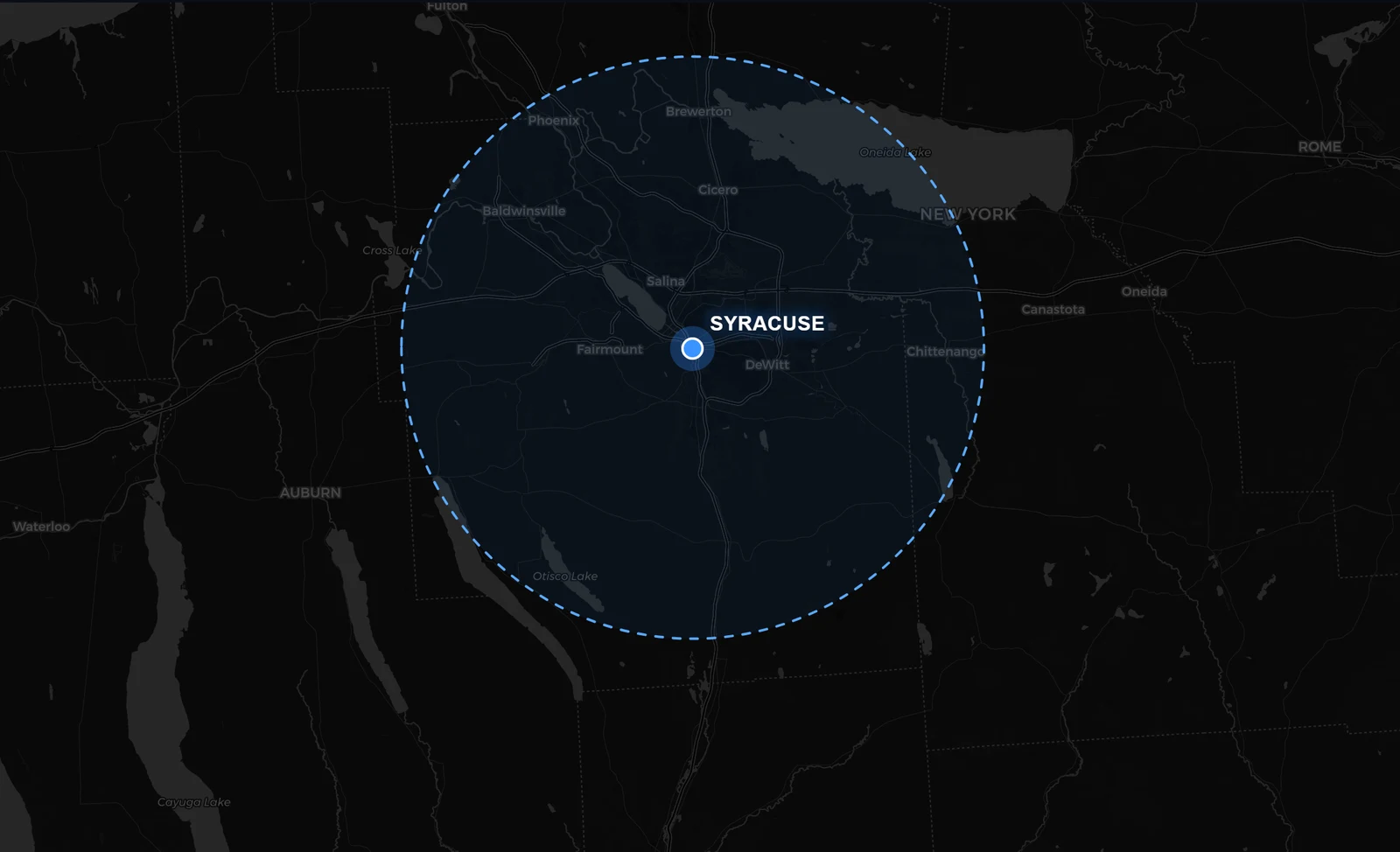 Elite 315 Detailing service area map centered on Syracuse, NY across Central New York